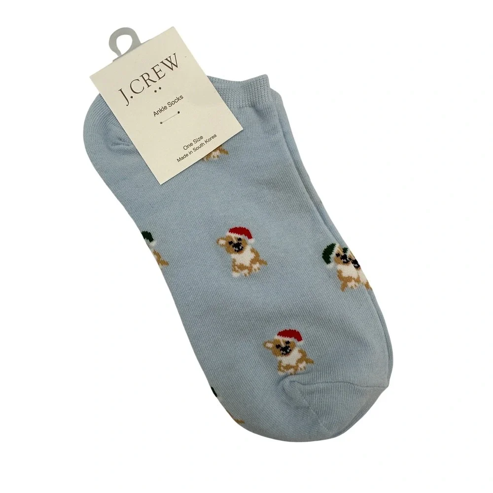 J. Crew Women's Ankle Socks Light Blue Puppy Dog Christmas‎ Print One Size NWT